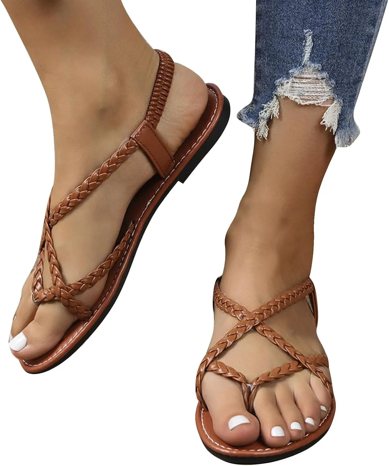 Womens Strappy Flat Sandals Summer Dressy Comfort Clip Toe Beach Flats Rope Weaving Strap Bohemian Sandal 2025 New