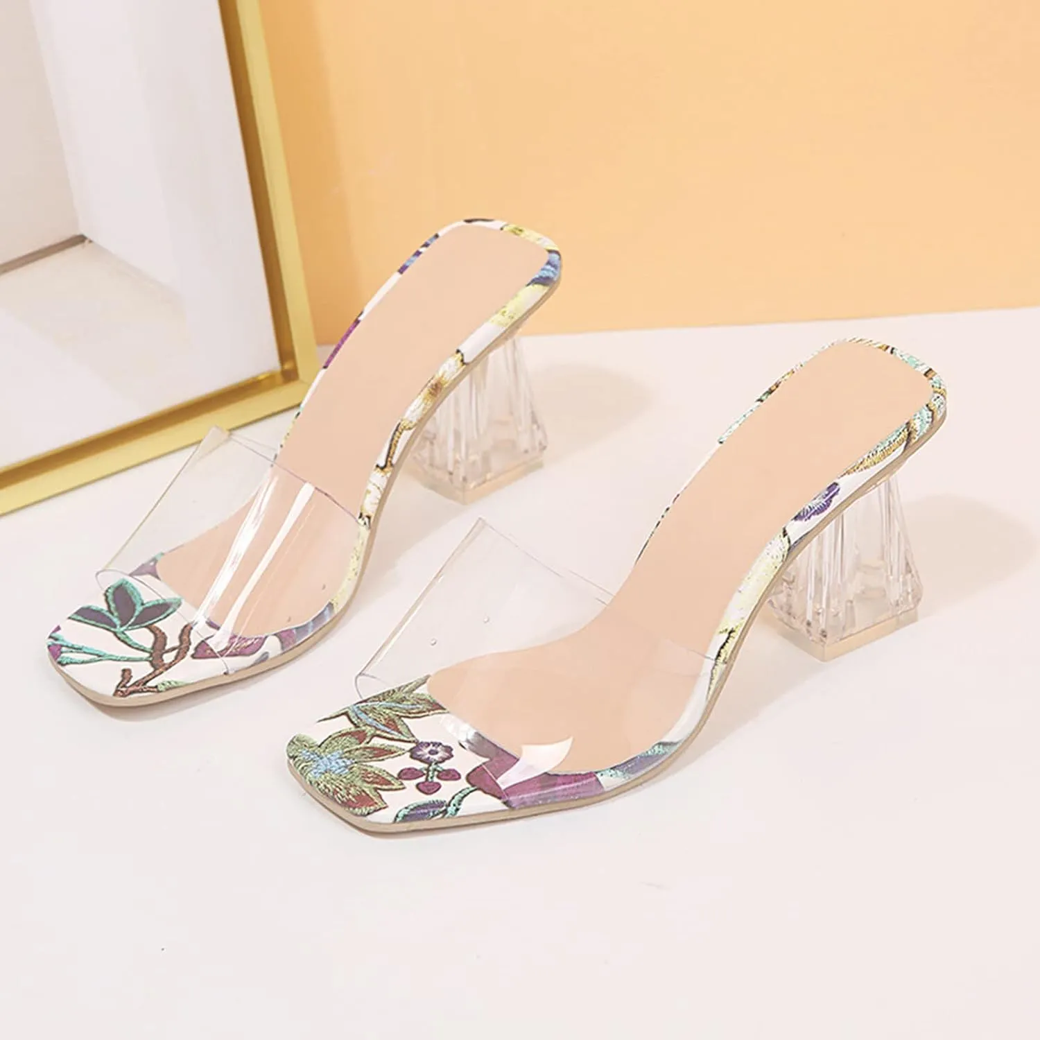 Women's Transparent Square Heel Casual Sandals Open Toe Clear Strappy Heels Pumps Slingback Lw Block Heel Mules
