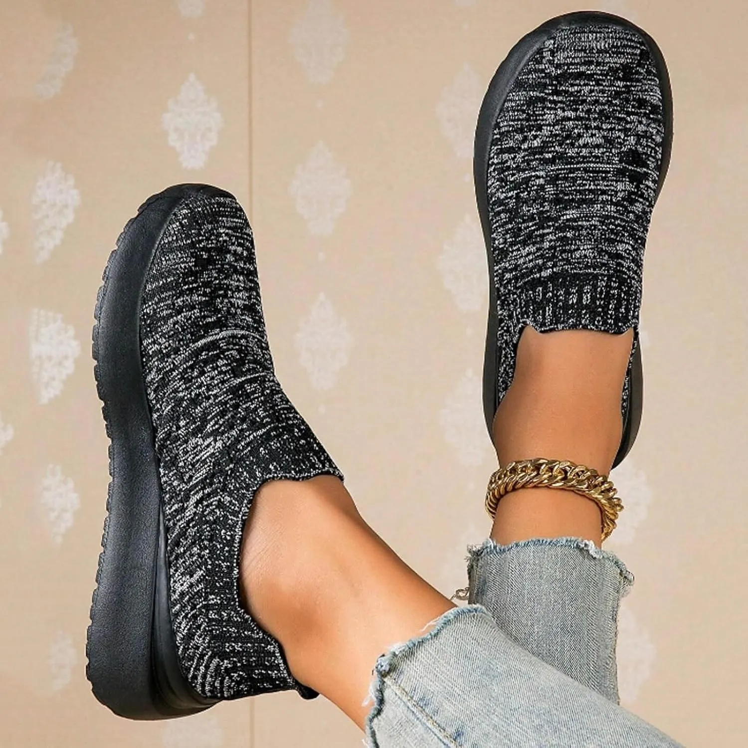 Women's Walking Shoes Elastic Fly Woven Mesh Shoes Casual Slip On Shoes Comfort Lightweight Breathable Shoes