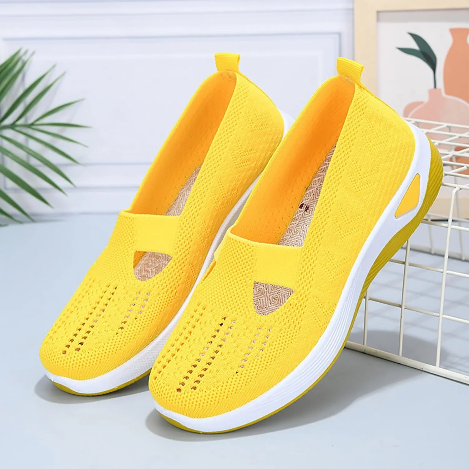 Women's Woven Orthopedic Breathable Soft Shoes Fashion Lightweight Go Walk Shoes for Women Mesh Breathable Hands Free Slip in Sneakers with Arch Support