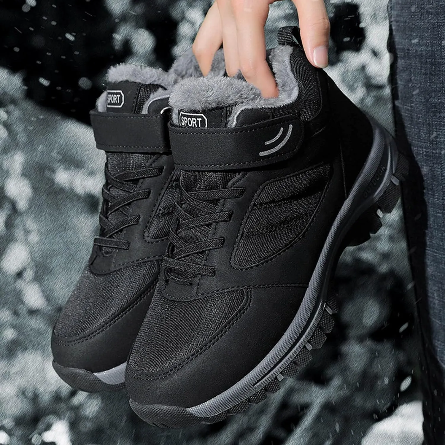 ZDLJYL Men's Snow Boots Outdoor Hiking Boots Warm Villi Boots Anti-Slip Trekking Shoes Waterproof Walking Boots Lightweight Gym Sneakers Buckle Fashion Boots, 10, Black