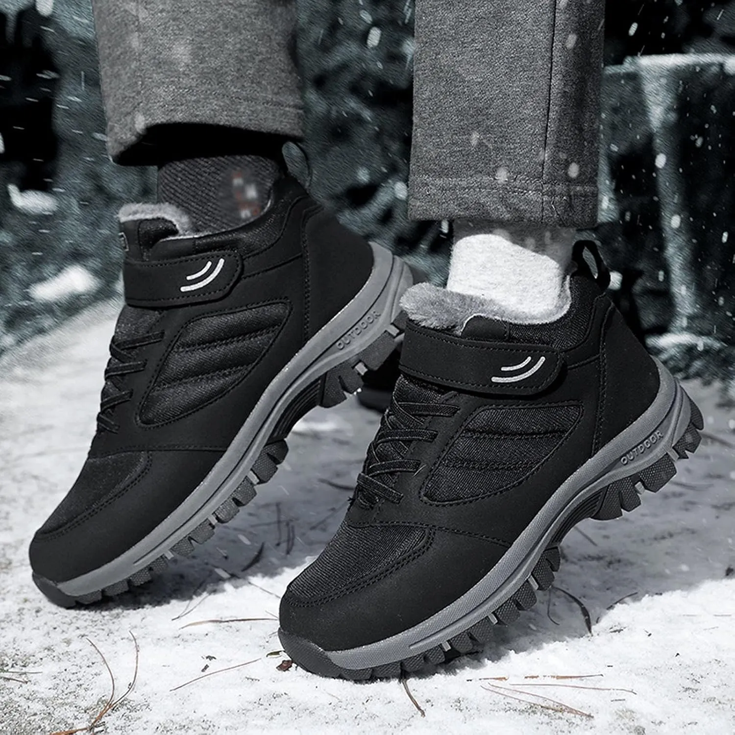ZDLJYL Men's Snow Boots Outdoor Hiking Boots Warm Villi Boots Anti-Slip Trekking Shoes Waterproof Walking Boots Lightweight Gym Sneakers Buckle Fashion Boots, 10, Black