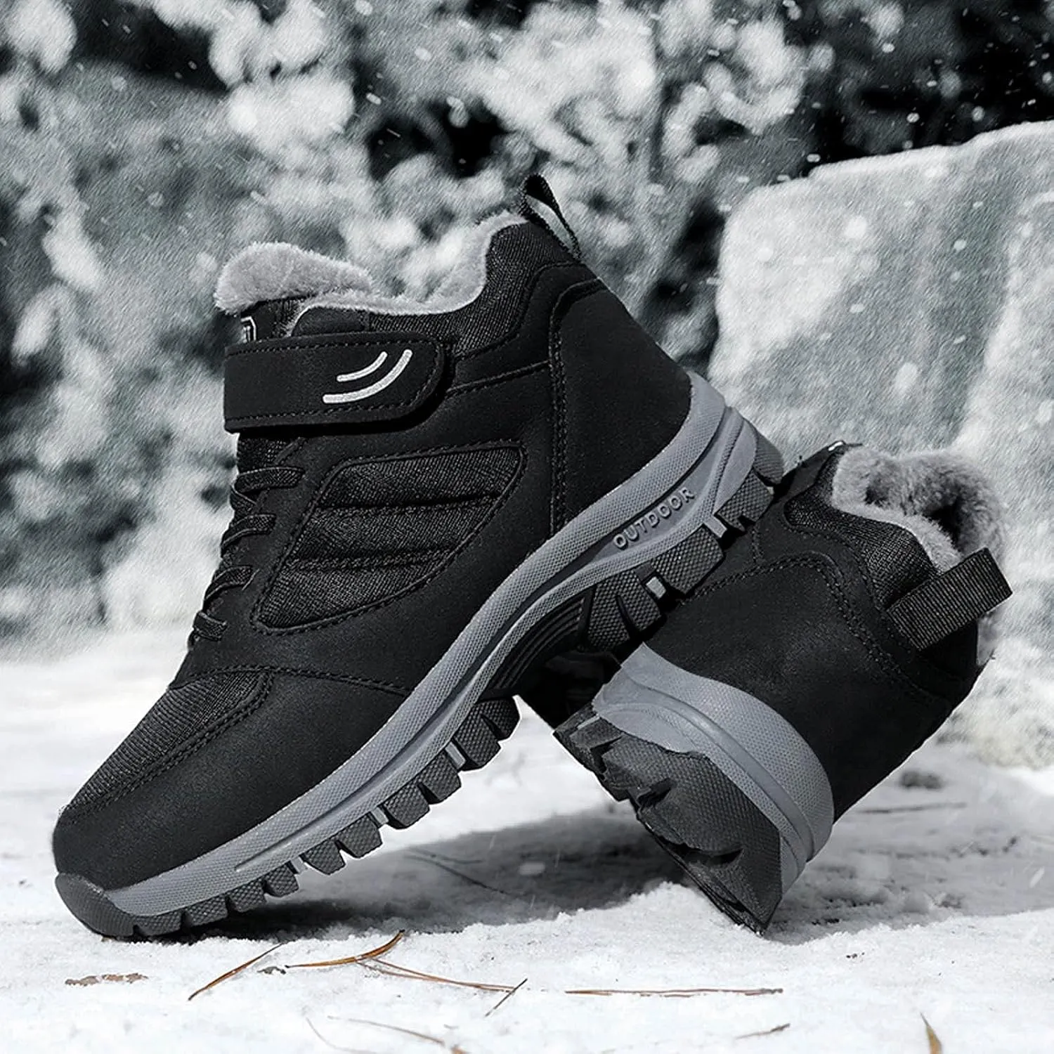 ZDLJYL Men's Snow Boots Outdoor Hiking Boots Warm Villi Boots Anti-Slip Trekking Shoes Waterproof Walking Boots Lightweight Gym Sneakers Buckle Fashion Boots, 10, Black